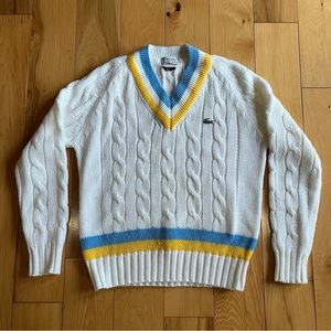 Vintage IZOD Lacoste V-Neck Chunky Cable Knit Tennis Cricket Preppy Sweater